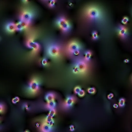 Visualization of charges in electrical field. Red are positive charges and blue are negative charges. Charges also display an intensity and phase of the field.